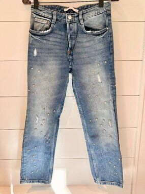 ZARA Star Studded Distressed Straight Leg Button Fly Jeans Size 4
